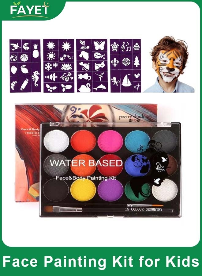 FAYET Face Painting Kit for Kids, 15-Color Safe Water-Based Palette with Stencils and Brushes, Non-Toxic Washable Hypoallergenic Makeup for Parties and Festivals - Image 1